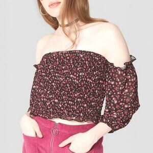 Wild Fable Smocked Off the Shoulder Top - Black Floral - Large